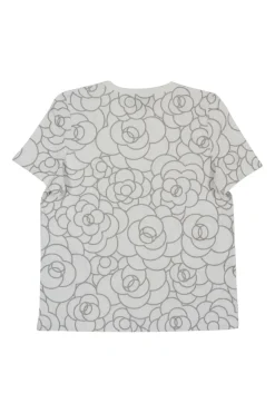 White cotton jersey crewneck pullover t-shirt featuring allover camellia motif