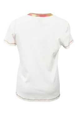 White cotton jersey crewneck T-shirt with logo patch and multi-coloured trim