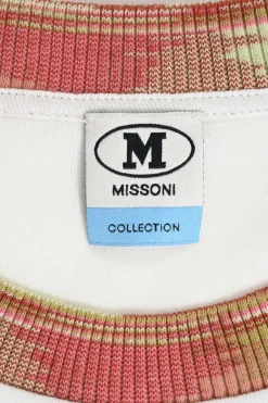 White cotton jersey crewneck T-shirt with logo patch and multi-coloured trim