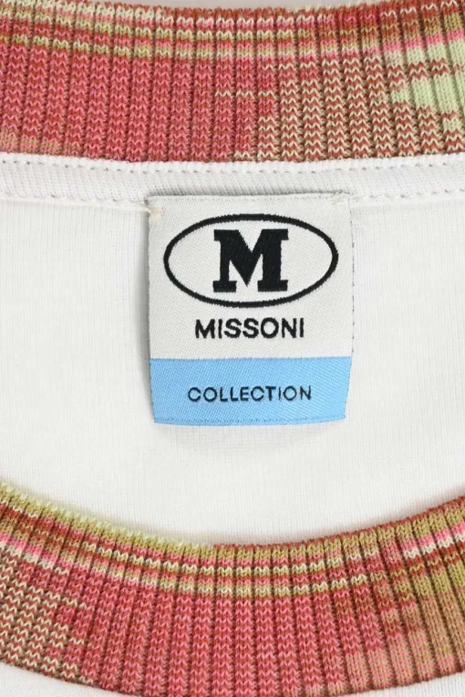 White cotton jersey crewneck T-shirt with logo patch and multi-coloured trim