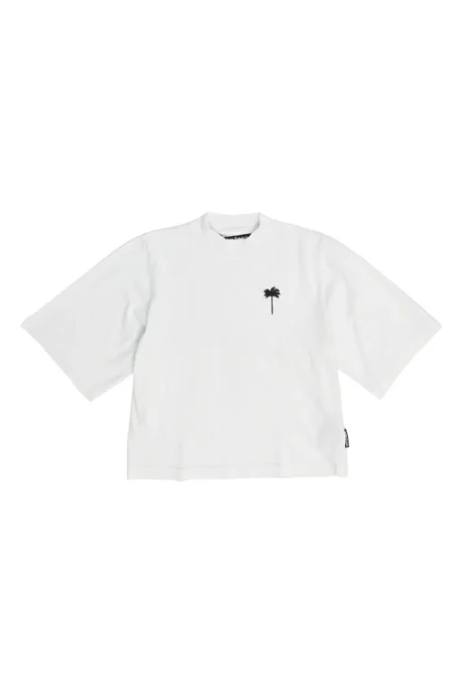 White cotton jersey cropped boxy crewneck half sleeve T-shirt featuring chest palm broderie motif