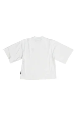 White cotton jersey cropped boxy crewneck half sleeve T-shirt featuring chest palm broderie motif