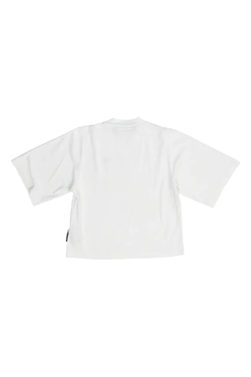 White cotton jersey cropped boxy crewneck half sleeve T-shirt featuring chest palm broderie motif