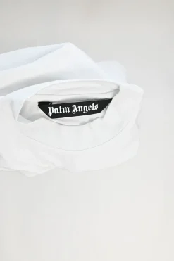 White cotton jersey cropped boxy crewneck half sleeve T-shirt featuring chest palm broderie motif