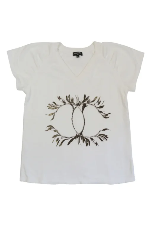 White cotton jersey raglan sleeve cropped slogan t-shirt featuring foiled Coco Mark laurel wreath motif