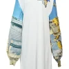 White cotton mixed-media bateau neck swing-style tunic shift with oversized pin-tucked bishop sleeves