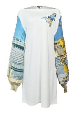 White cotton mixed-media bateau neck swing-style tunic shift with oversized pin-tucked bishop sleeves
