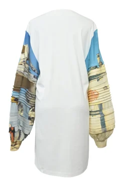 White cotton mixed-media bateau neck swing-style tunic shift with oversized pin-tucked bishop sleeves