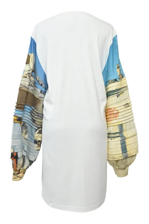 White cotton mixed-media bateau neck swing-style tunic shift with oversized pin-tucked bishop sleeves