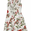 White cotton paneled poppy field print corset-style bustier mini sun dress with tiered plissé skirt