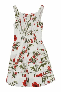 White cotton paneled poppy field print corset-style bustier mini sun dress with tiered plissé skirt
