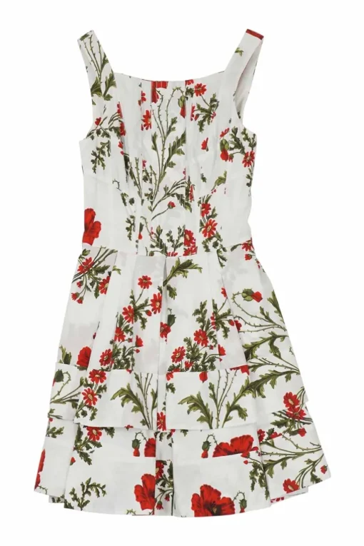 White cotton paneled poppy field print corset-style bustier mini sun dress with tiered plissé skirt