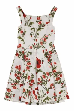 White cotton paneled poppy field print corset-style bustier mini sun dress with tiered plissé skirt