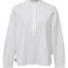 White cotton poplin band collar box-pleat shirt