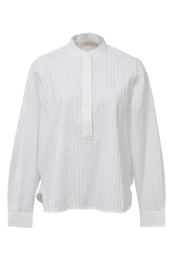 White cotton poplin band collar box-pleat shirt