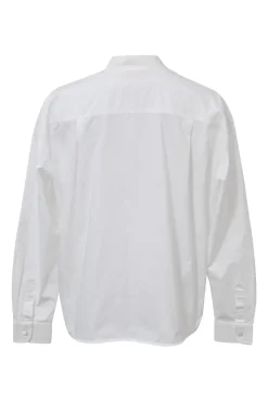 White cotton poplin band collar box-pleat shirt