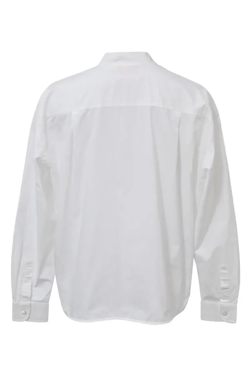 White cotton poplin band collar box-pleat shirt