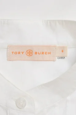 White cotton poplin band collar box-pleat shirt