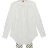 White cotton poplin bow tie collar button-front shirt with curved hem