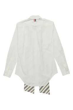 White cotton poplin bow tie collar button-front shirt with curved hem