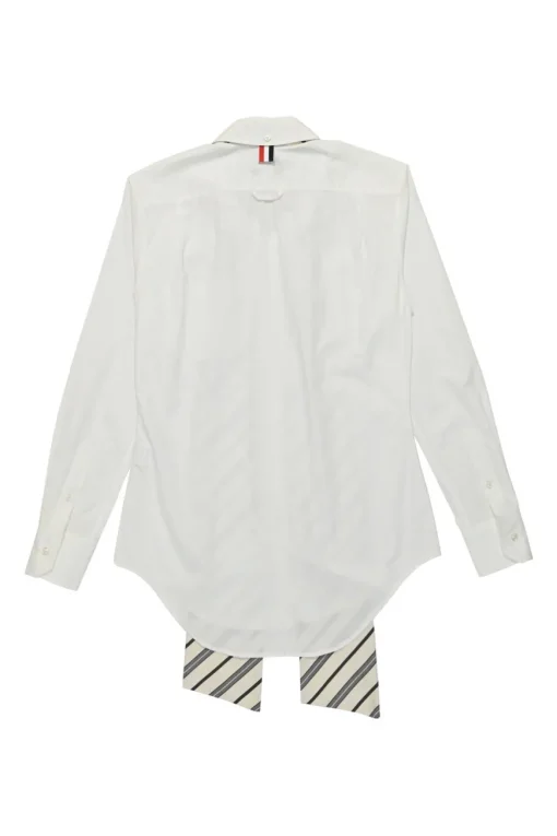 White cotton poplin bow tie collar button-front shirt with curved hem