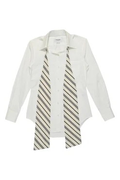 White cotton poplin bow tie collar button-front shirt with curved hem