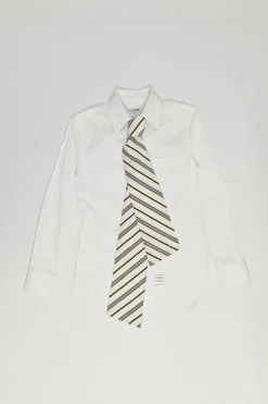 White cotton poplin bow tie collar button-front shirt with curved hem