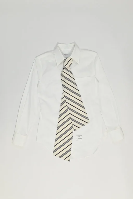 White cotton poplin bow tie collar button-front shirt with curved hem