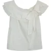 White cotton poplin bow-embellished ruffle off-shoulder top