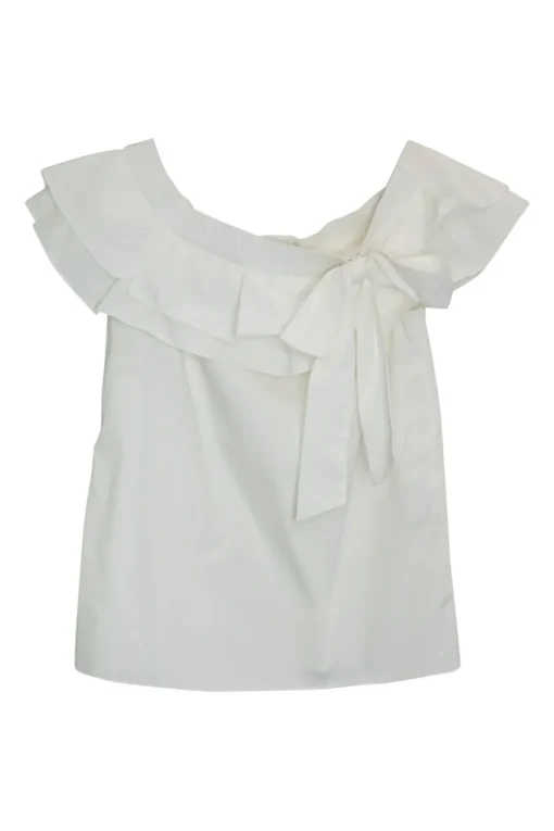 White cotton poplin bow-embellished ruffle off-shoulder top