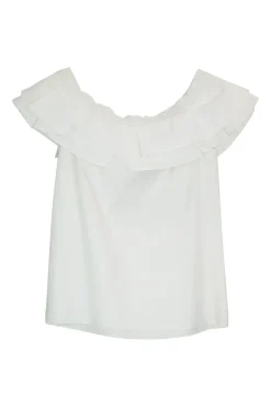White cotton poplin bow-embellished ruffle off-shoulder top