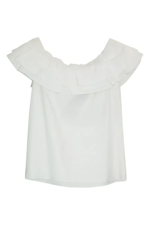 White cotton poplin bow-embellished ruffle off-shoulder top