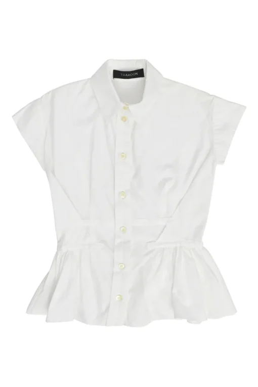 White cotton poplin cap sleeve peplum blouse