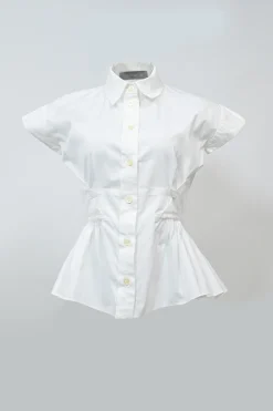 White cotton poplin cap sleeve peplum blouse