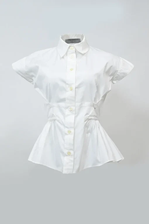 White cotton poplin cap sleeve peplum blouse
