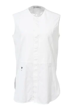 White cotton poplin crewneck sleeveless shirt with piqué plastron bib