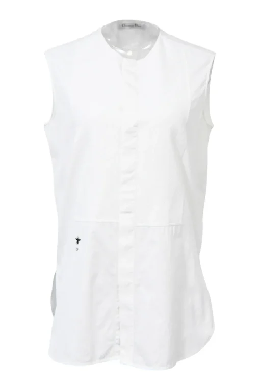 White cotton poplin crewneck sleeveless shirt with piqué plastron bib
