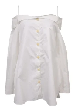 White cotton poplin foldover cold-shoulder button-front shirt