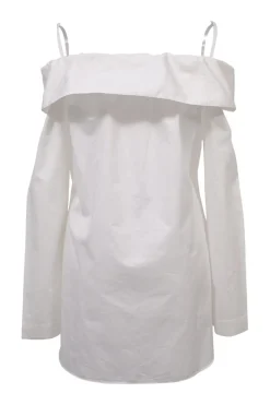 White cotton poplin foldover cold-shoulder button-front shirt