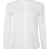 White cotton poplin frill-trimmed high-collar button-front shirt
