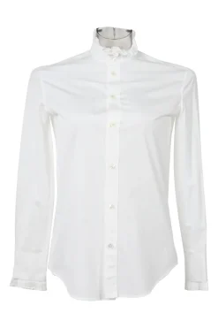 White cotton poplin frill-trimmed high-collar button-front shirt