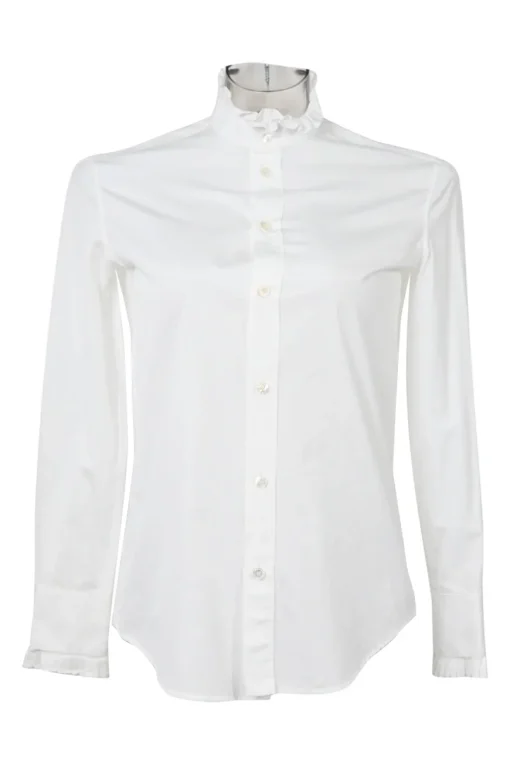 White cotton poplin frill-trimmed high-collar button-front shirt