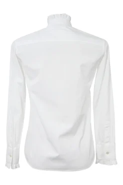 White cotton poplin frill-trimmed high-collar button-front shirt