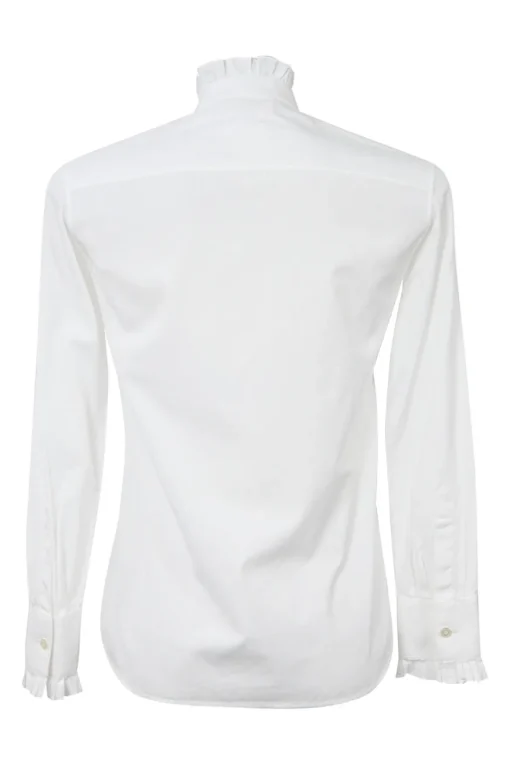 White cotton poplin frill-trimmed high-collar button-front shirt