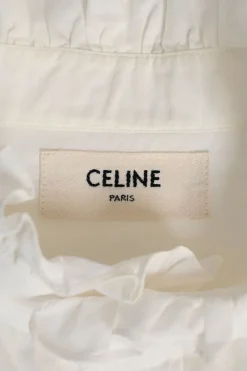 White cotton poplin frill-trimmed high-collar button-front shirt