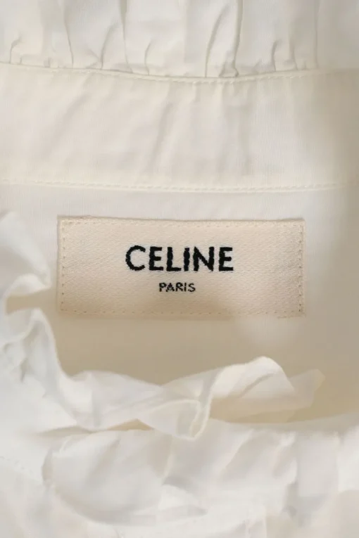 White cotton poplin frill-trimmed high-collar button-front shirt