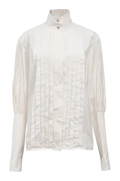 White cotton poplin high-collar button-front shirt featuring pintuck bib and gathered bishop sleeves