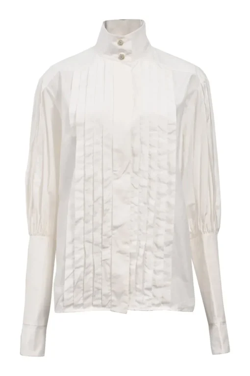 White cotton poplin high-collar button-front shirt featuring pintuck bib and gathered bishop sleeves