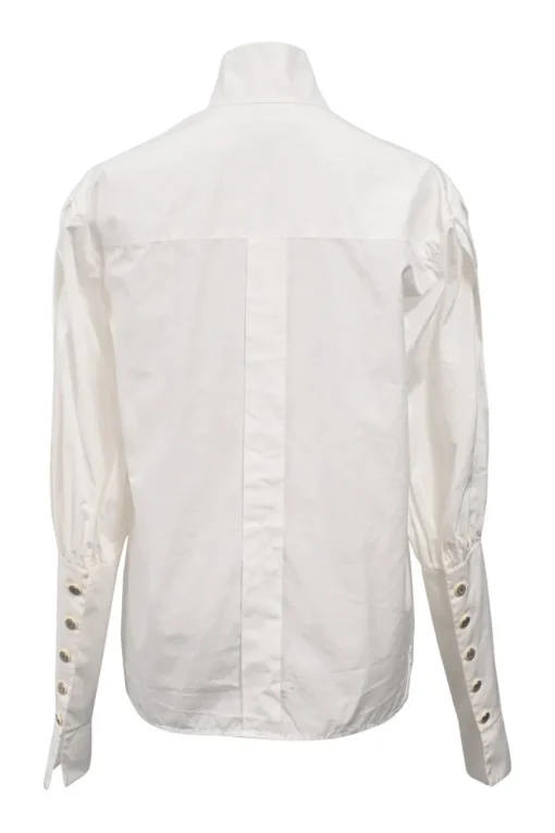 White cotton poplin high-collar button-front shirt featuring pintuck bib and gathered bishop sleeves