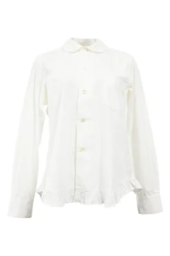 White cotton poplin Peter Pan collar button-up shirt with ruffled hem